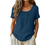 AEGJEGVD Leinenhemd Damen Baumwolle Stickerei Rundhals Hemd Kurze Ärmel Shirts Folklore Vintage Oberteil Leicht und Luftige Leinenbluse Einfarbig Oversized Blusen & Tuniken Sommer Leinen Tshirt