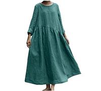 AEGJEGVD Leinenkleid Damen Sommer Baumwoll Leinen Kleid Kurzarm Rundhals Boho Sommerkleid Strandkleid Einfarbig Locker Kaftan Casual Große Größen Langes Kaftan Kleid Leicht und Luftig Leinenkleider