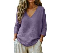 AEGJEGVD Musselin Bluse Damen Sommer Elegant 3/4 Ärmel Longshirt V-Ausschnitt Oberteil Leinen Pullover Hemd Modisch Locker Tunika Einfarbig Leicht und Luftig Damenbluse Oversized Baumwolle Hemden