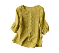 AEGJEGVD Shirts Leinen Für Damen Folklore Stickerei Hemd 3/4 Ärmel Rundhals Shirts Vintage Besticktes Button Down Oberteil Sommer Einfarbig Oversized Blusen & Tuniken Lässig Baumwolle Leinenbluse