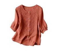 AEGJEGVD Shirts Leinen Für Damen Folklore Stickerei Hemd 3/4 Ärmel Rundhals Shirts Vintage Besticktes Button Down Oberteil Sommer Einfarbig Oversized Blusen & Tuniken Lässig Baumwolle Leinenbluse
