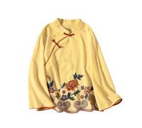 AEGJEGVD Shirts Leinen Für Damen Folklore Stickerei Hemd 3/4 Ärmel Rundhals Shirts Vintage Blumendruck Besticktes Button Down Oberteil Sommer Oversized Blusen & Tuniken Lässig Baumwolle Leinenbluse