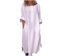 AEGJEGVD Sommerkleid Damen Elegant Rundhals Langes Leinenkleid Freizeit Hemdkleid Lose Atmungsaktiv Lange Ärmel Strandkleid Baumwoll Leinen Bequem Blusenkleid Locker Freizeit Freizeitkleid Dünn