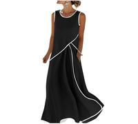 AEGJEGVD Strandkleid Damen Sommer, Leinenkleider Ärmellos Sommerkleid Leicht Und Luftig Elegant Rundhals Leinenkleid Maxi Blusenkleid Locker Einfarbig Shirtkleid Spitze Musselin Kleid Mit Taschen