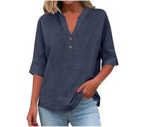AEGJEGVD T-Shirt Musselin Damen Sommer Kurze Ärmel Shirt V-Ausschnitt Knopfleiste Oberteil Leinen Pullover Hemd Einfarbiges Leicht und Luftig Damenbluse Modisch Locker Tunika Atmungsaktiv Longshirt