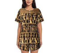 Ägypten Hieroglyphen Druck Damen Pyjama-Sets Loungewear Set Weiche Loungewear Kurzarm Pjs und Shorts, Schwarz , X-Large