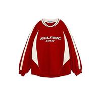 Aelfric Eden Damen Oversized Sweatshirt Ohne Kapuze Herren Vintage Raglan Patchwork Streifen Langarmshirt mit Logodruck Rot, S