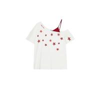 Aelfric Eden Off Shoulder T-Shirt Damen Tshirt Y2K 2-in-1 Look Schulterfreies Oberteil Sommer Shirt mit Stern Casual Kurzarm Top Streetwear Weiß, XS