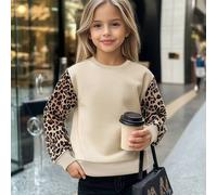 Älteres Tween-Mädchen Mädchen Leopardenmuster Patchwork Rundhals Langarm Casual Sweatshirt