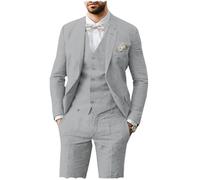 AeoTeokey Herren Leinen Anzug 3 Stück Sommer Strand Retro Hochzeit Prom Anzug Jacke Blazer Bräutigam Smokings(Hellgrau,4XL)