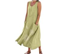 Ärmellos Baumwoll Leinen Tankkleid Damen Vintage Einfarbig Sommerkleid Gestreifte Strandkleid Lose Rundhals Maxikleid A-Linie Kleider Große Größen Langes Kleid Partykleid Freizeitkleid mit Taschen