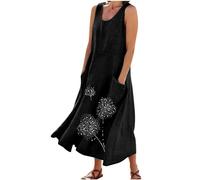 Ärmellos Baumwoll Leinen Tankkleid Damen Vintage Einfarbig Sommerkleid Gestreifte Strandkleid Lose Rundhals Maxikleid A-Linie Kleider Große Größen Langes Kleid Partykleid Freizeitkleid mit Taschen