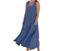 Ärmellos Baumwoll Leinen Tankkleid Damen Vintage Einfarbig Sommerkleid Gestreifte Strandkleid Lose Rundhals Maxikleid A-Linie Kleider Große Größen Langes Kleid Partykleid Freizeitkleid mit Taschen