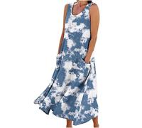 Ärmellos Baumwoll Leinen Tankkleid Damen Vintage Einfarbig Sommerkleid Gestreifte Strandkleid Lose Rundhals Maxikleid A-Linie Kleider Große Größen Langes Kleid Partykleid Freizeitkleid mit Taschen