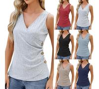 Ärmellose Pullover Damen, Enge Oberteile Damen V Ausschnitt Freizeit Tunika Sommer Blusentop V Ausschnitt Bluse Ohne Ärmel Tanktop Mit Knöpfen Festlich Tank Top Ärmelloses Baumwolle Oberteil