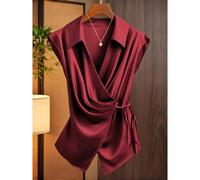 Ärmellose Satin-Bluse mit Hemdkragen und Seitenbindung, elegante Büro-Pendler-Bluse für Frühling und Sommer