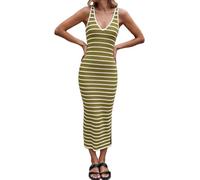 Ärmellose Strickkleider für Damen Figurbetontes Streifenkleid mit V-Ausschnitt Dehnbares Schmal Geschnittenes Sommerkleid Gestreiftes Maxikleid mit Seitenschlitz für Urlaub Strand und Alltag Matc