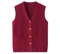 Ärmellose Strickweste Für Damen - Casual Mittleren Alters Ältere Mutter Weste Pullover Frauen Frühling Herbst Gestrickte Pullover Verdicken Oma Strickjacke Mujer,Rot,3XL