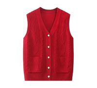 Ärmellose Strickweste Für Damen Mittleren Und Höheren Alters, Zopfmuster Cardigan Weste, Lässiges Oberteil Für Ältere Damen, Frühlingshaft Warm, Jacquard, Rot, XL