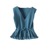 Ärmellose Strickweste Für Damen - Pullover Weste Frauen Solide Herbst Winter All-Match Freizeit Oberbekleidung Gestrickte V-Ausschnitt Ärmellose Weibliche Elegante Chic Einfache Weste,Blau,XL