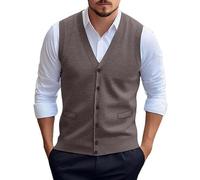 Ärmelloser Herrenpullover, Herren Pullover Strickweste Dicker Wollmischpullover Ärmellose Strickjacke mit Knöpfen V-Ausschnitt Weste Business Pullover Strickwaren Herbst Winter Wollweste Hellbraun L