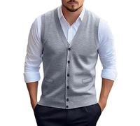 Ärmelloser Herrenpullover, Herren Pullover Strickweste Dicker Wollmischung Pulli Ärmellos Strickjacke mit Knöpfen V-Ausschnitt Weste Business Pullover Strickwaren Herbst Winter Wollweste Hellgrau M