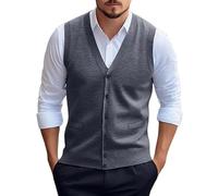 Ärmelloser Herrenpullover, Herren Pullover Strickweste Dicker Wollmischung Pulli Ärmellos Strickjacke mit Knöpfen V-Ausschnitt Weste Business Pullover Strickwaren Herbst Winter Wollweste Grau Xxl