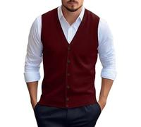 Ärmelloser Herrenpullover, Herren Pullover Strickweste Dicker Wollmischung Pullover Ärmellos Strickjacke mit Knöpfen V-Ausschnitt Weste Business Pullover Strickwaren Herbst Winter Wollweste Rot Xxl