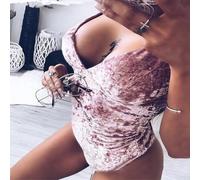 Ärmelloser Jumpsuit aus Samt mit V-Ausschnitt für Frauen, stilvolles Gymnastikanzug-Oberteil, geeignet für Nachtwäsche und Clubwear (XL Rosa)