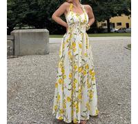 Ärmelloses Damen-Midi-Neckholderkleid mit plissierter Taille und Aufdruck, Teeparty-Kleid, Bridgerton-Teeparty-Kleid, Geburtstagskleider für Frauen, s