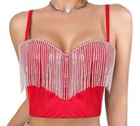 Ärmelloses Damen-Tanktop mit glitzernden Fransen, bauchfreies Top, Cami-Bustier, Weste, modisches Camisole für Raves, Clubwear, Raves-Outfits, rot, M