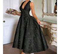 Ärmelloses, fließendes Vintage-Kleid mit 3D-Blumenprägung und V-Ausschnitt für Damen, Bridgerton-Teeparty-Kleid, langes schwarzes formelles Kleid, sch