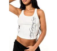 Ärmelloses geripptes Crop Tank Top mit seitlichem Schriftprint, perfekt für lässige Layering-Outfits und Streetstyle im Sommer