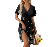 ärmelloses Kleid Damen Sommerkleid Damen V Ausschnitt Kurzarm Strandkleid Knielang Blumen A-Linie Kleid Loose Swing Freizeitkleid Summer Dress Tshirt Kleider Leicht und Luftig B Black XL
