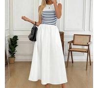 Ärmelloses Kleid mit Rundhalsausschnitt, taillierter Taille, Farbblock gestreifter Webstoff, geraffter A-Linien Rock, lässig-elegante Büro-/Urlaubsmod