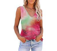 Ärmelloses Tshirt Damen, V Ausschnitt Trägertop Bunt Tank Top Damen Sommer Locker Batik Shirt Ärmellose Shirts Lang Mit Bedrucken Frauen Longtops Basic Tops