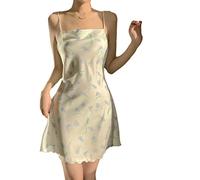Ärmelloses Wickel-Sling-Kleid für Damen, französisch, sexy Nachthemd, Damen-Sommer-Hosenträger, Seidenpyjama, blauer Blumendruck-Pyjama, langer A-Linien-Rock, Urlaubs-Teepausenrock am Meer, einfarbig, M
