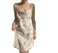 Ärmelloses Wickel-Sling-Kleid für Damen, Französisch, sexy Nachthemd, Damen-Sommer-Hosenträger, Seidenpyjama, Pyjama mit rosa Tulpenmuster, langer A-Linien-Rock, Urlaubs-Teepausenrock am Meer, einfarbig, XL