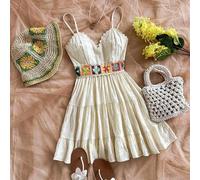 Ärmeloses Kleid mit V-Ausschnitt, Patchwork aus Blumenspitze, Strickmuster und farbigem Rückenteil, geeignet für Feiertage, Dates, Valentinstag, Nachm