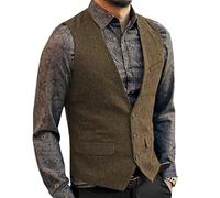Aesido Casual Herren Weste Anzugweste Slim Fit Wolle Fischgrätenmuster Tweed Business Anzüge Westen Hochzeit Trauzeuge PartyBraun,M