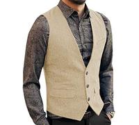 Aesido Casual Herren Weste Anzugweste Slim Fit Wolle Fischgrätenmuster Tweed Business Anzüge Westen Hochzeit Trauzeuge PartyChampagner,M