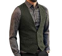 Aesido Casual Herren Weste Anzugweste Slim Fit Wolle Fischgrätenmuster Tweed Business Anzüge Westen Hochzeit Trauzeuge PartyArmee Grün,XL