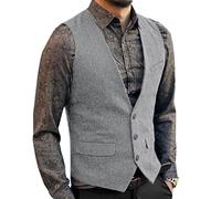 Aesido Casual Herren Weste Anzugweste Slim Fit Wolle Fischgrätenmuster Tweed Business Anzüge Westen Hochzeit Trauzeuge PartySilber-Grau,M