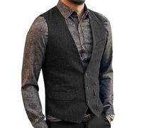 Aesido Casual Herren Weste Anzugweste Slim Fit Wolle Fischgrätenmuster Tweed Business Anzüge Westen Hochzeit Trauzeuge PartySchwarz,S