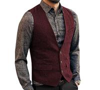 Aesido Casual Herren Weste Anzugweste Slim Fit Wolle Fischgrätenmuster Tweed Business Anzüge Westen Hochzeit Trauzeuge PartyBurgund,XXXL