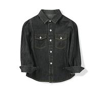 Aeslech Langärmelige leichte Denim-Shirts für Jungen, Knopfleiste, Baumwolle, Western-Tops, Schwarz , 7-8 Jahre