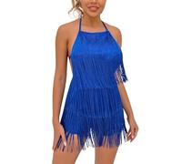AFAVOM Kurzer Jumpsuit für Damen, Neckholder, Quaste, rückenfrei, Fransen, Latein-Tanzkleid, Abendkleid, Ballsaal, Raffhalter, Playsuit, Blau, Klein