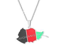 Afghanistan Karte Flagge Anhänger Halskette Schmuck Charm Tropfen Glasur Karte Geometrische Hip Hop Paar Halskette Unisex Pullover Kette Für Frauen Männer Geschenk,Silber,45Cm(17.7 Zoll)