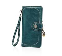 AfitLulu Damen Geldbörse Groß Geldbeutel mit Abnehmbarem Armband und Retro Metall Anhänger, Portemonnaie Damen Leder Portmonee Stilvoll mit Multikartenfach und ID-Fenster (Blau)