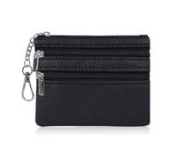 AfitLulu Kleines Portemonnaie Damen Kunstleder Münzgeldbörse mit Schlüsselanhänger und 2-lagiger Reißverschlusstasche, Mini Geldbörse Coin Purse für Münze, Schlüssel, Lippenstift (Schwarz-Leder 2)